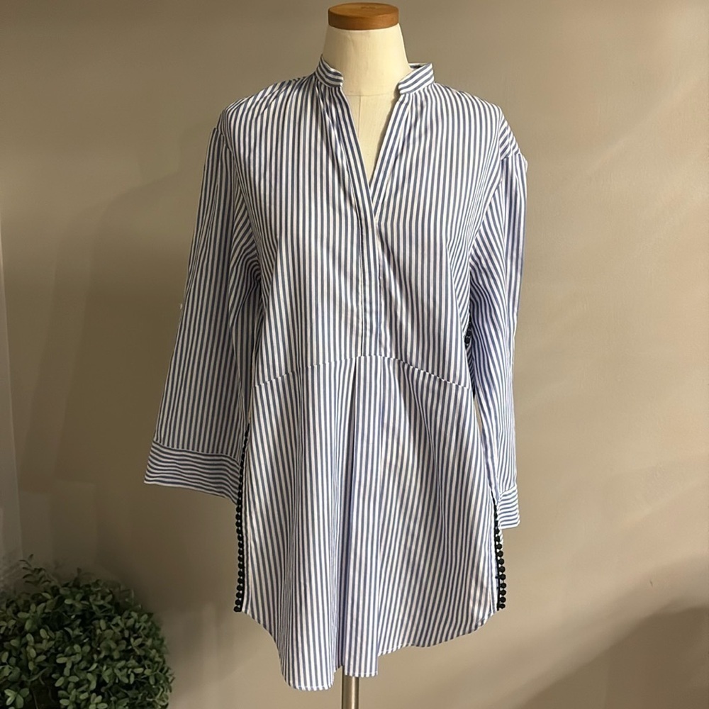 ZARA women’s relaxed fit striped 1/2 button down tunic blouse shirt open sides S